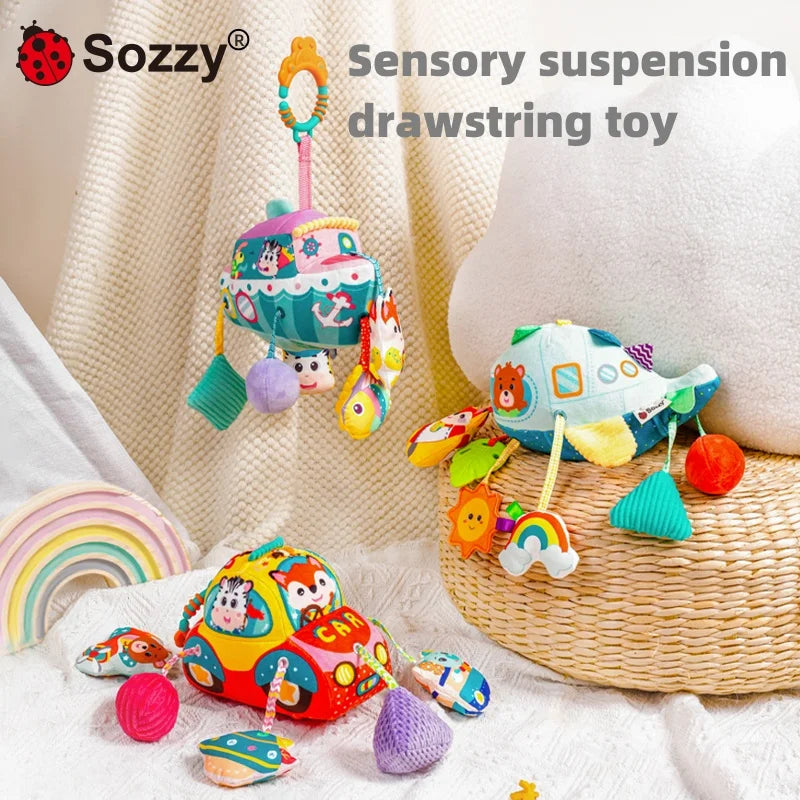 Manufacturer's Musical Soft Stuffed Activity Plush Hanging Baby Bed Stroller Cot Pull String Sensor Includes Sets for Plane Car