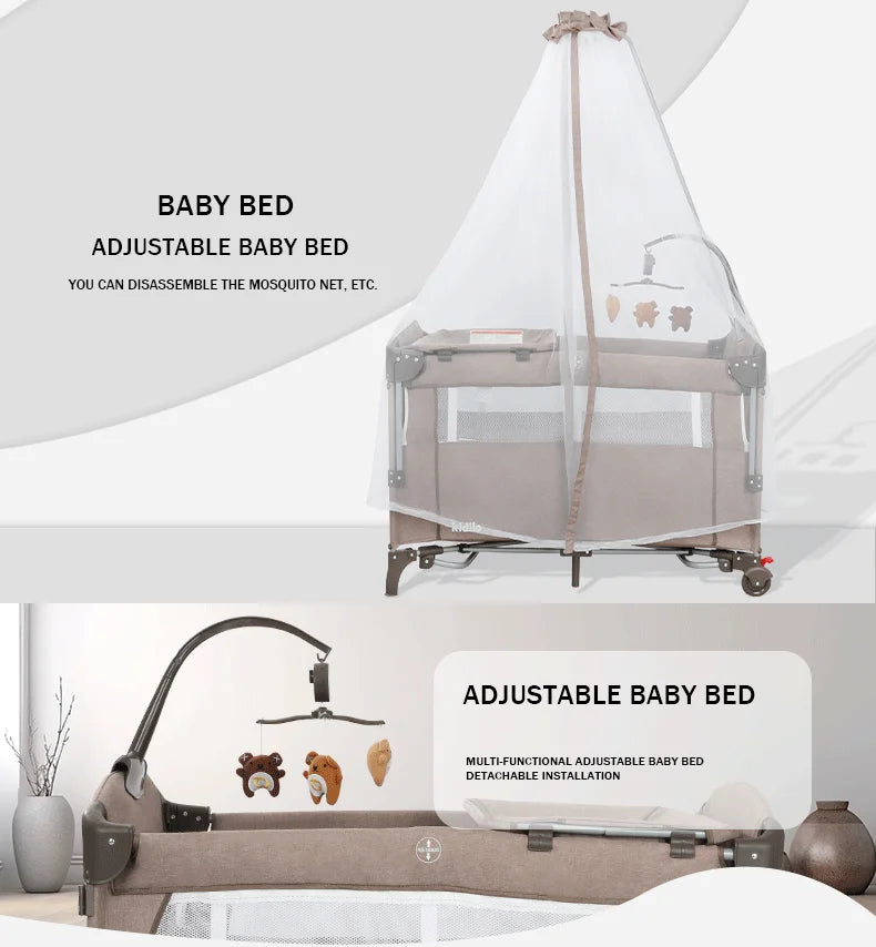 Newborn Foldable Portable Modern Kidilo Luxury Baby Crib, Convertible 3 in 1 Bedside Crib with Mosquito Net for Nursery T-703L