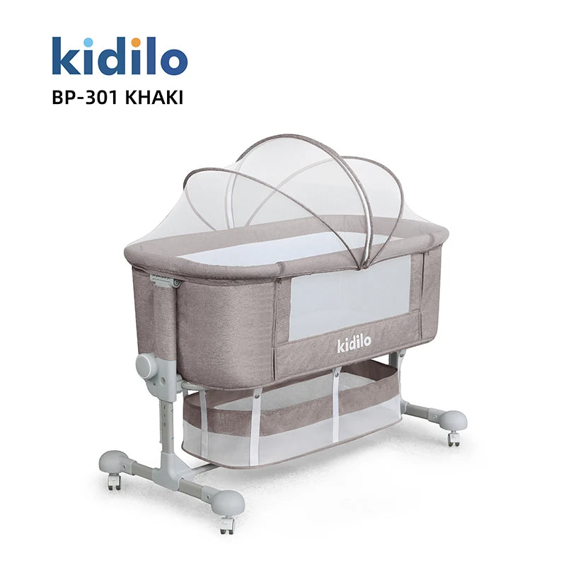 Newborn Foldable Portable Modern Kidilo Luxury Baby Crib, Convertible 3 in 1 Bedside Crib with Mosquito Net for Nursery BP-301