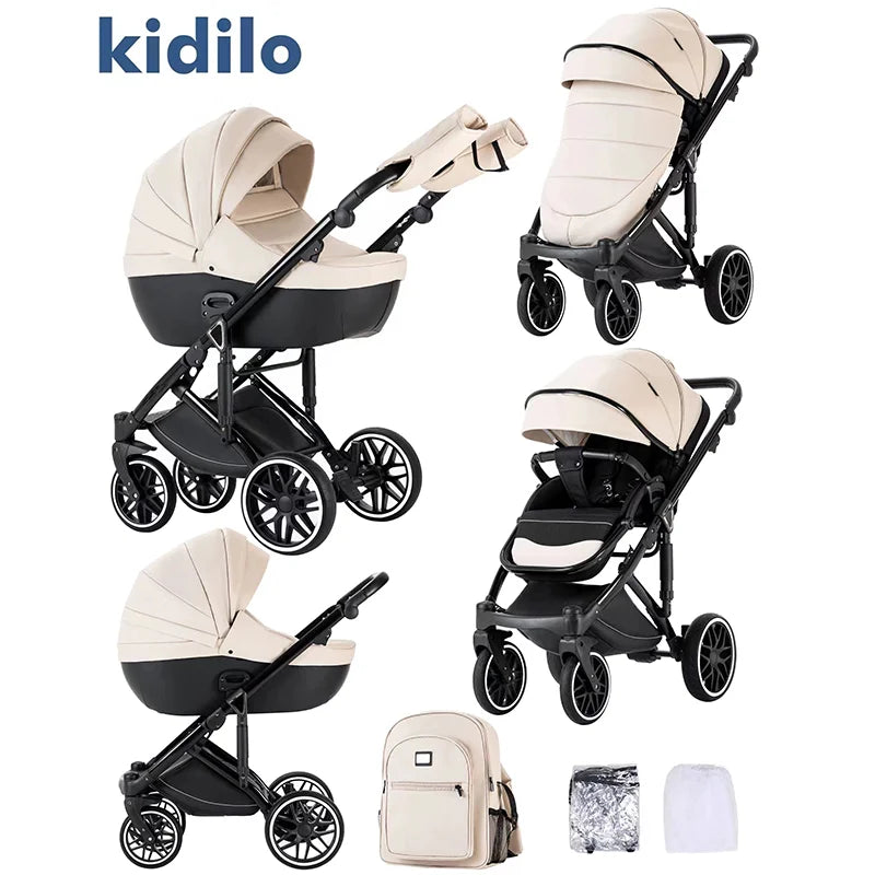 0-3 Years 3 in 1 Kidilo Baby Stroller with Car Seat, Non-Toxic Durable Foldable Travel Stroller for Toddlers Family Trips F2