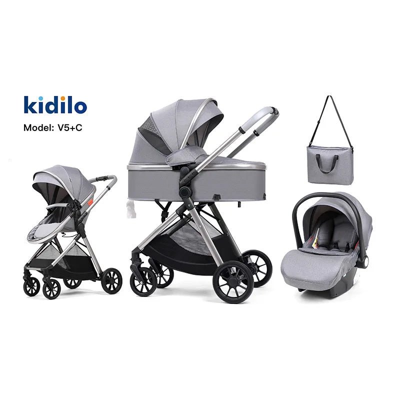 0-3 Years 3 in 1 Kidilo Baby Stroller with Car Seat, Non-Toxic Durable Foldable Travel Stroller for Toddlers Family Trips V5+C