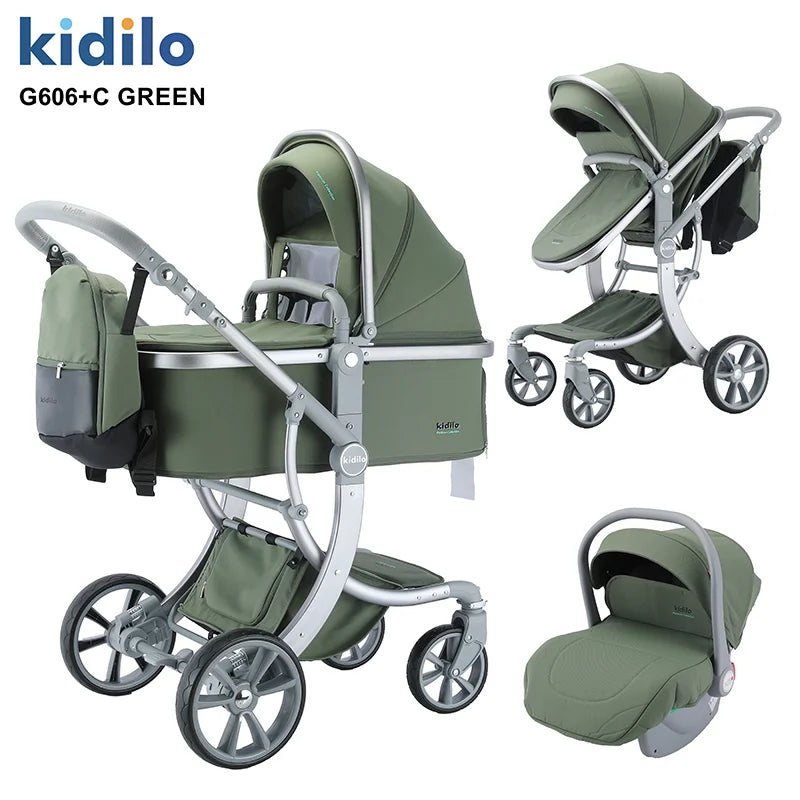 0-3 Years 3 in 1 Kidilo Baby Stroller with Car Seat, Non-Toxic Durable Foldable Travel Stroller for Toddlers Family Trips G606+C