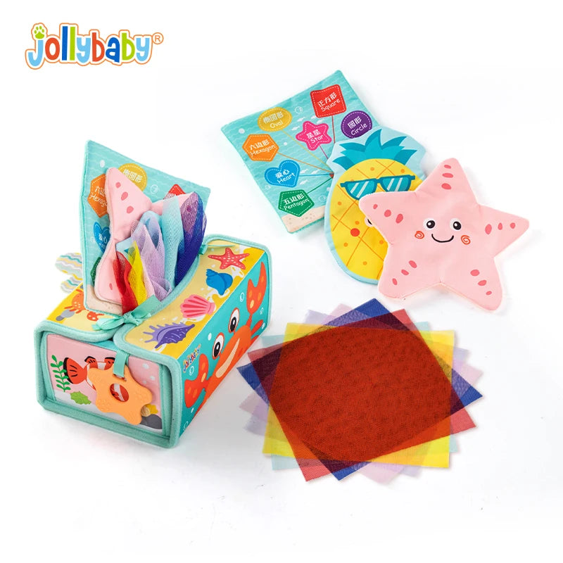 JOLLYBABY Baby Tissue Box Toys Montessori Toys for 6 Month Toys with Cloth Tissues Crinkle Mirror Baby Gifts Christmas Stuffers