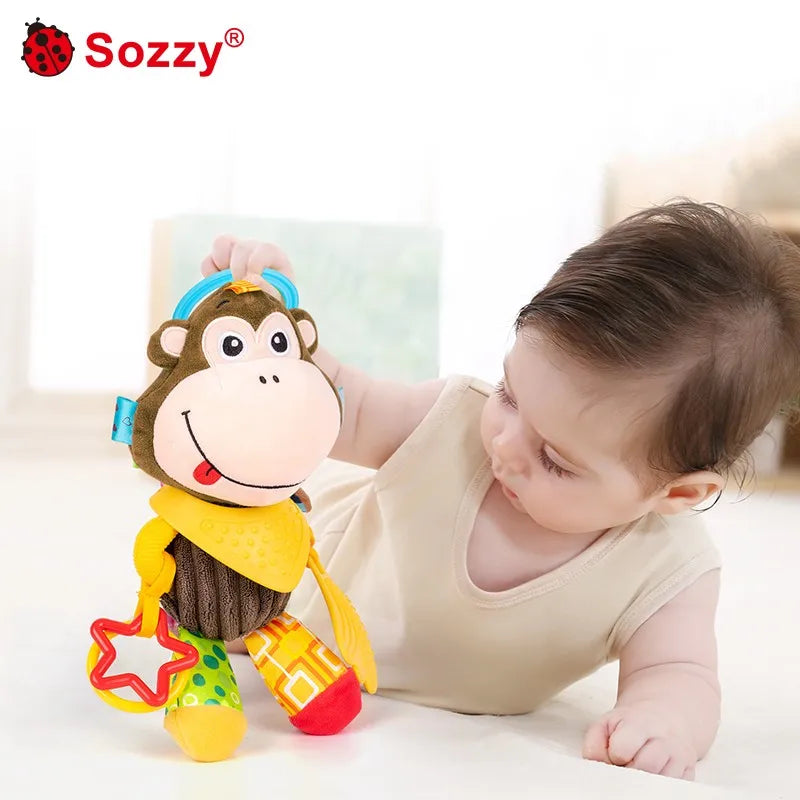 SOZZY Soft Plush Monkey Donkey Animal Baby Crib Mobile Soothing Hanging Rattle Toys with Musical Feature for Car Seat & Stroller