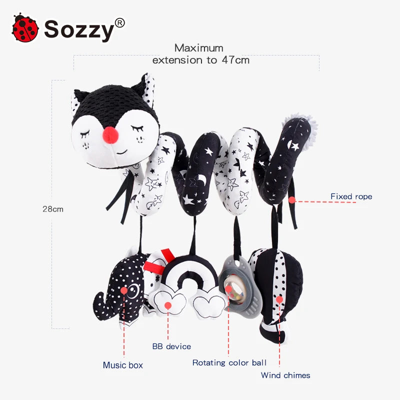 Custom Sozzy Soft Animal Fox Hanging Soft Animal Plush Baby Spiral Bed Toys Baby High Contrast Activity Stroller Toys