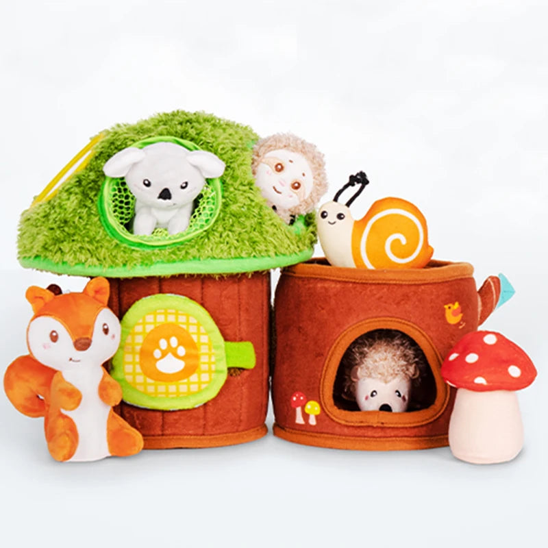 Custom Learning Play Set Gift Mushroom Carrier Home Tree House with Soft Plush Forest Animals Pretend Toy Set