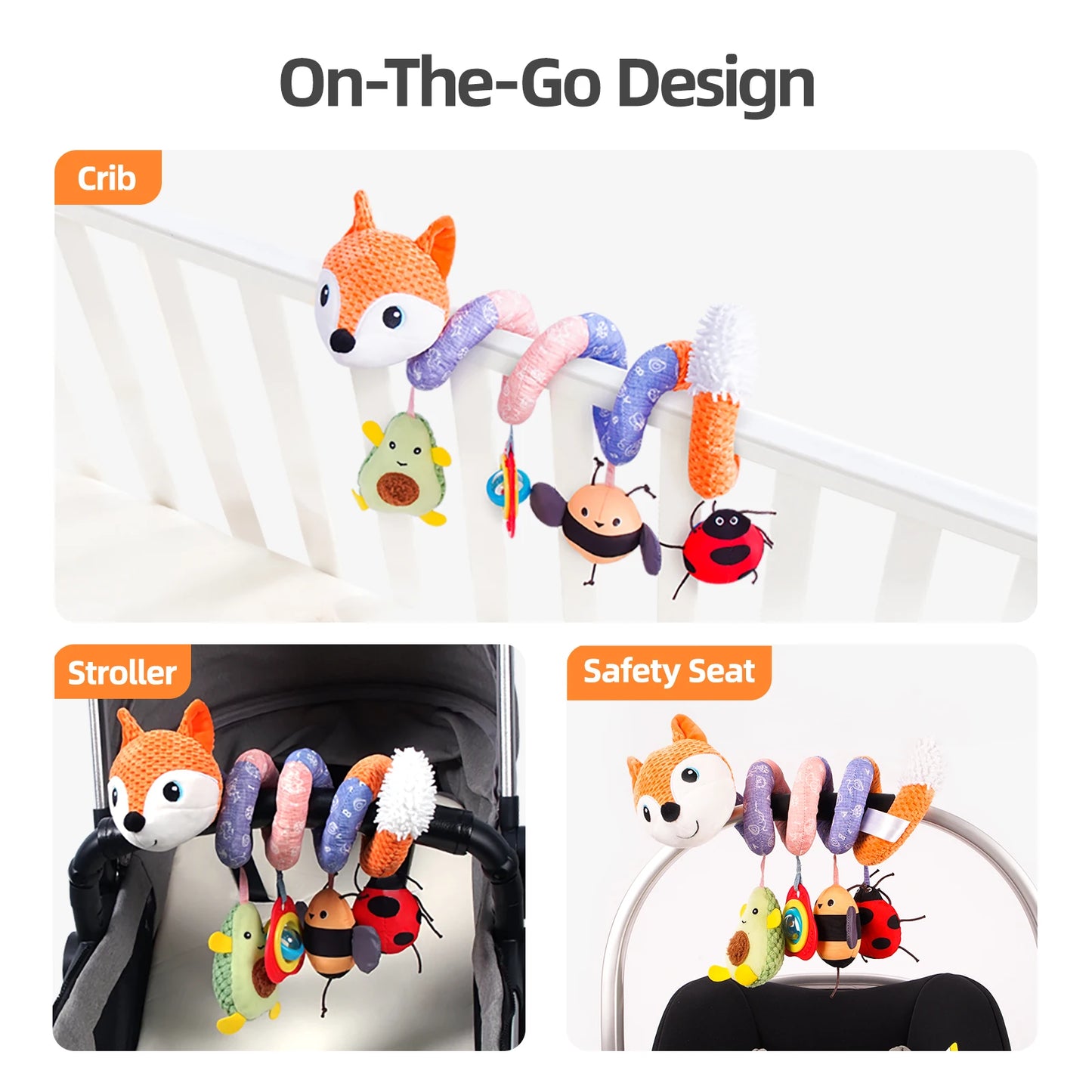 SOZZY Custom Fox Animal Crib Hanging Toy Cotton Spiral Baby Rattles for Stroller Activity Newborn Squeaker Toy