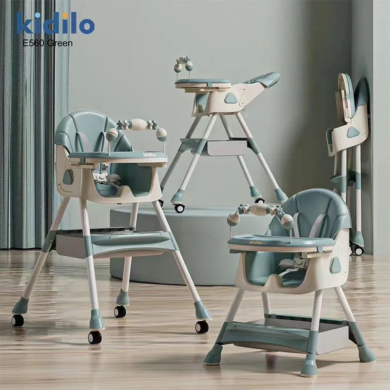 6-36 Months 3 in 1 Kidilo Foldable Baby High Chair, Non-Toxic Feeding Chair with Adjustable Height for Toddler Home Dining E560