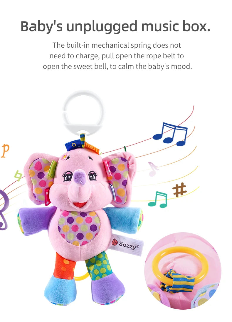 Sozzy Newborn Hanging Pulling Toy with Teether Soft Plush Baby Animal Musical Rattle for Car Seats and Strollers