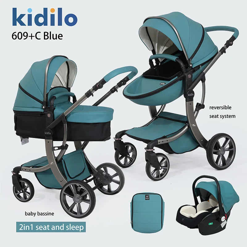 0-3 Years 3 in 1 Kidilo Baby Stroller with Car Seat, Non-Toxic Durable Foldable Travel Stroller for Toddlers Family Trips 609+C