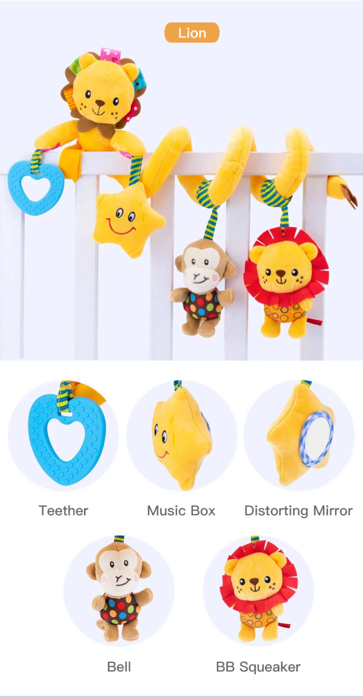 Soft Plush Seat Baby Educational Rattle Toys Baby Animal lion Musical Spiral for Bed Stroller