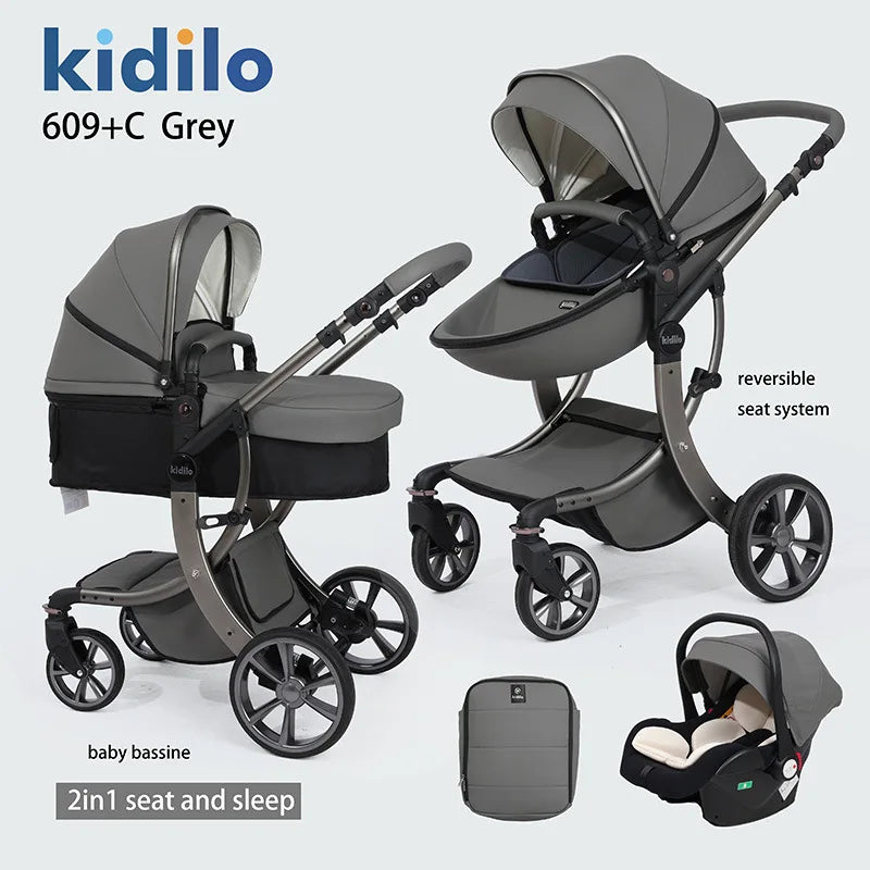 0-3 Years 3 in 1 Kidilo Baby Stroller with Car Seat, Non-Toxic Durable Foldable Travel Stroller for Toddlers Family Trips 609+C