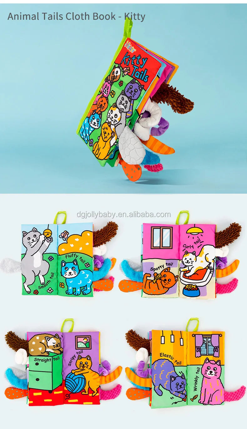 Jollybaby Custom 3D Animal Tail Soft Cotton Cloth Learning Book Cloths Made Baby Sensory Crinkle Cloth Book Set Educational Toy