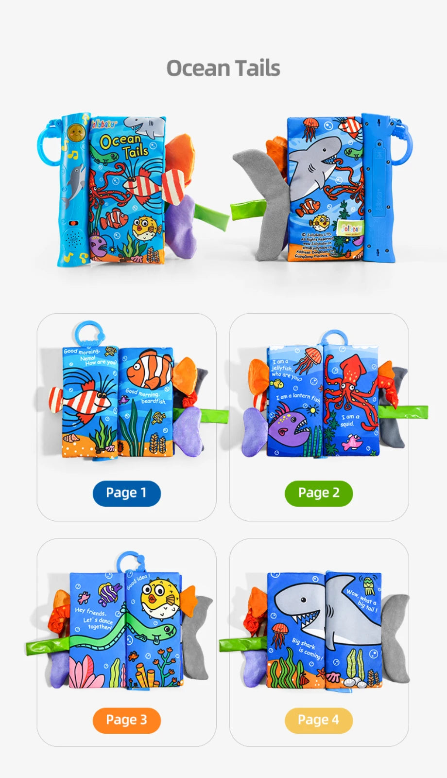JOLLYBABY Tails English Learning Baby Educational Toys Baby Soft Cloth Book with Music Custom Logo Musical Book Farm Animal
