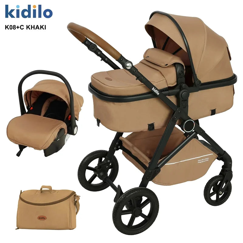 0-3 Years 3 in 1 Kidilo Baby Stroller with Car Seat, Non-Toxic Durable Foldable Travel Stroller for Toddlers Family Trips K08+C
