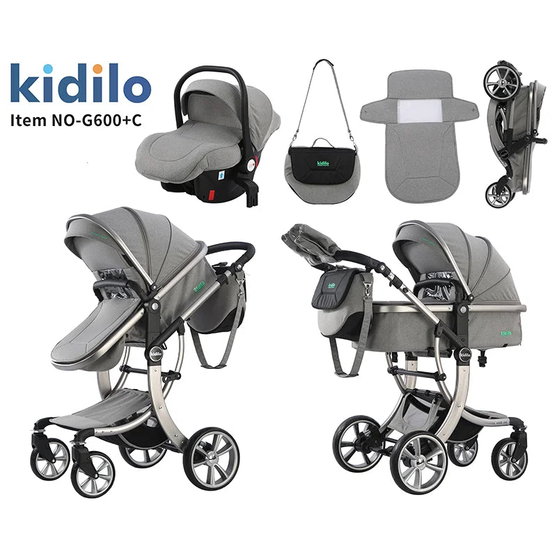 0-3 Years 3 in 1 Kidilo Baby Stroller with Car Seat, Non-Toxic Durable Foldable Travel Stroller for Toddlers Family Trips G600+C