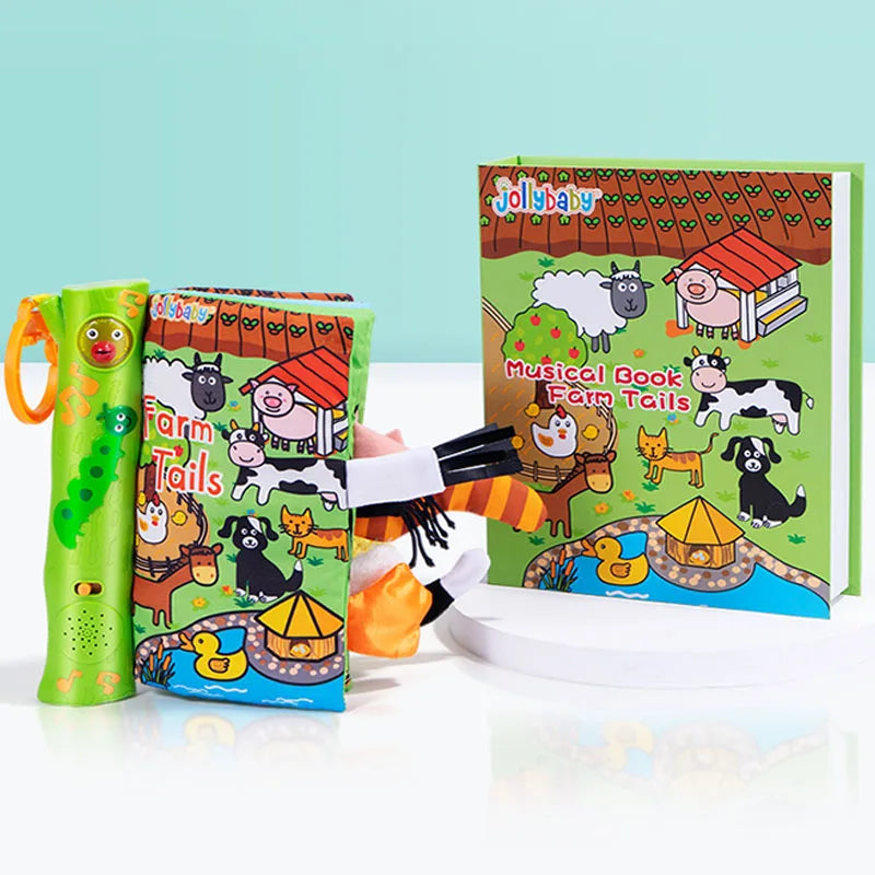 JOLLYBABY Tails English Learning Baby Educational Toys Baby Soft Cloth Book with Music Custom Logo Musical Book Farm Animal