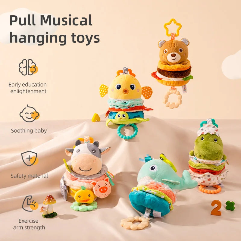 Wholesale Plush Animal Rattle Pull Musical Sensory Toys Car Seat Stroller Baby Hanging Musical Toy with Music Box