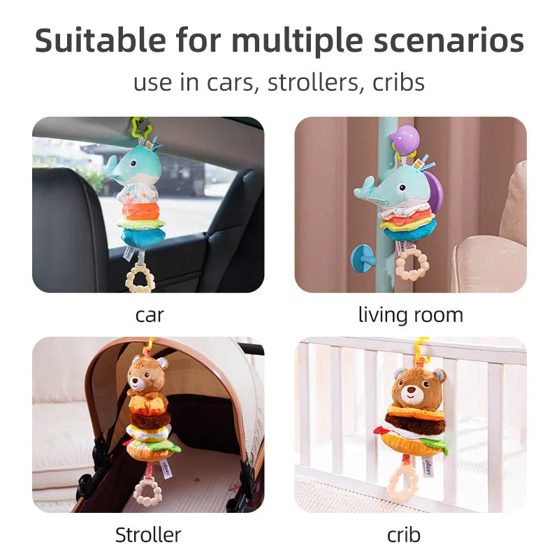 Custom Plush Animal Rattle Pull Musical Sensory Baby Hanging Musical Toy Play Jitter Toy with Music Box for Car Seat Stroller