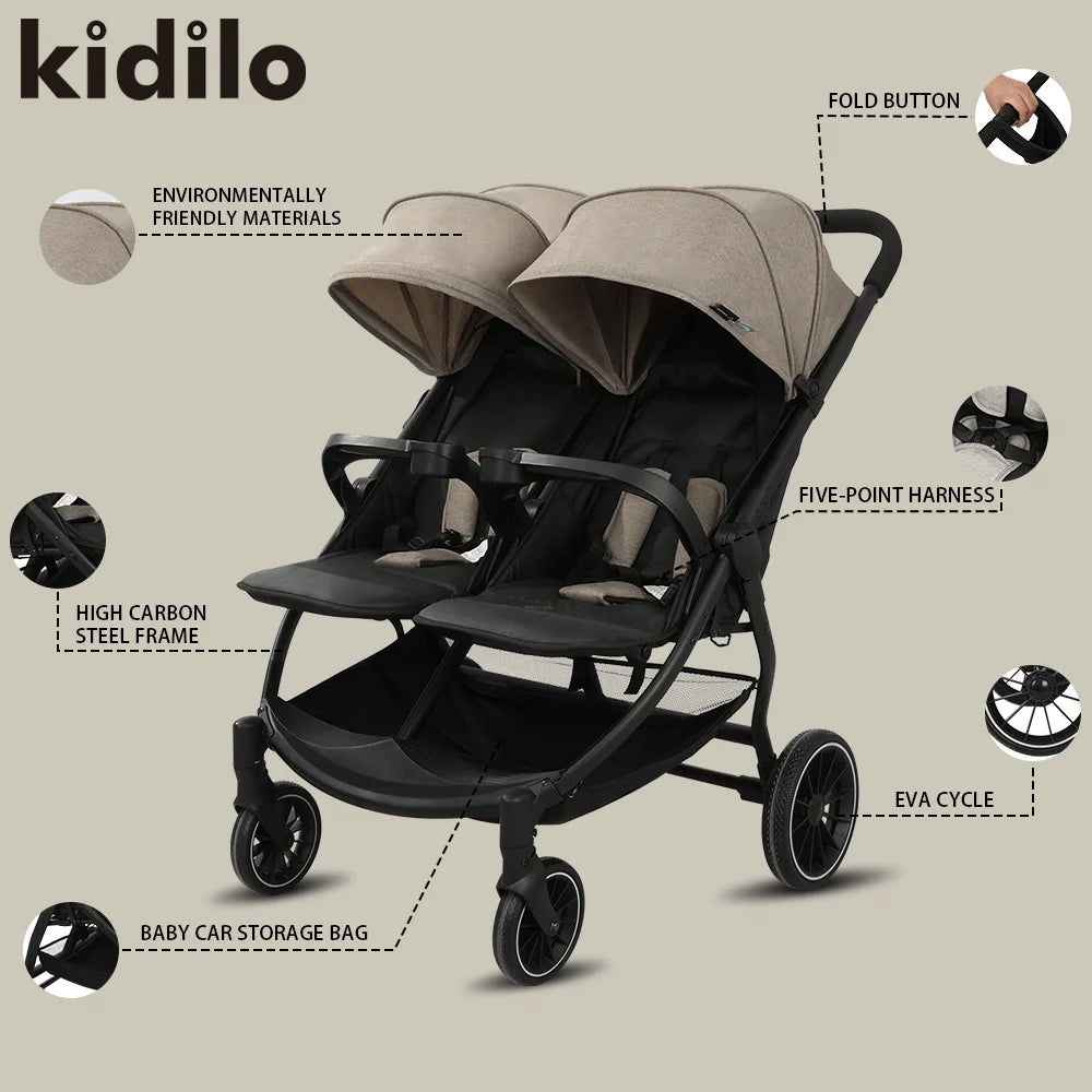 Kidilo 0-3 Years Double Twin Baby Stroller, Foldable Non-Toxic Travel Stroller for Toddlers Kids Daily Walks Family Trips LB100