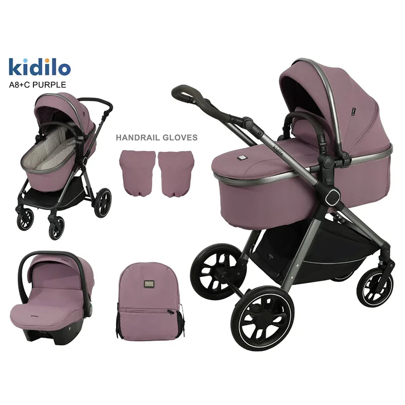 0-3 Years 3 in 1 Kidilo Baby Stroller with Car Seat, Non-Toxic Durable Foldable Travel Stroller for Toddlers Family Trips A8+C