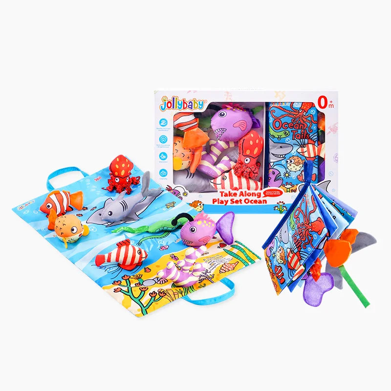 Jollybaby Soft Polyester Animal Dolls Play Mat Set Touch & Feel Soft Animal Tails Crinkling Squeaky Cloth Book for Kids