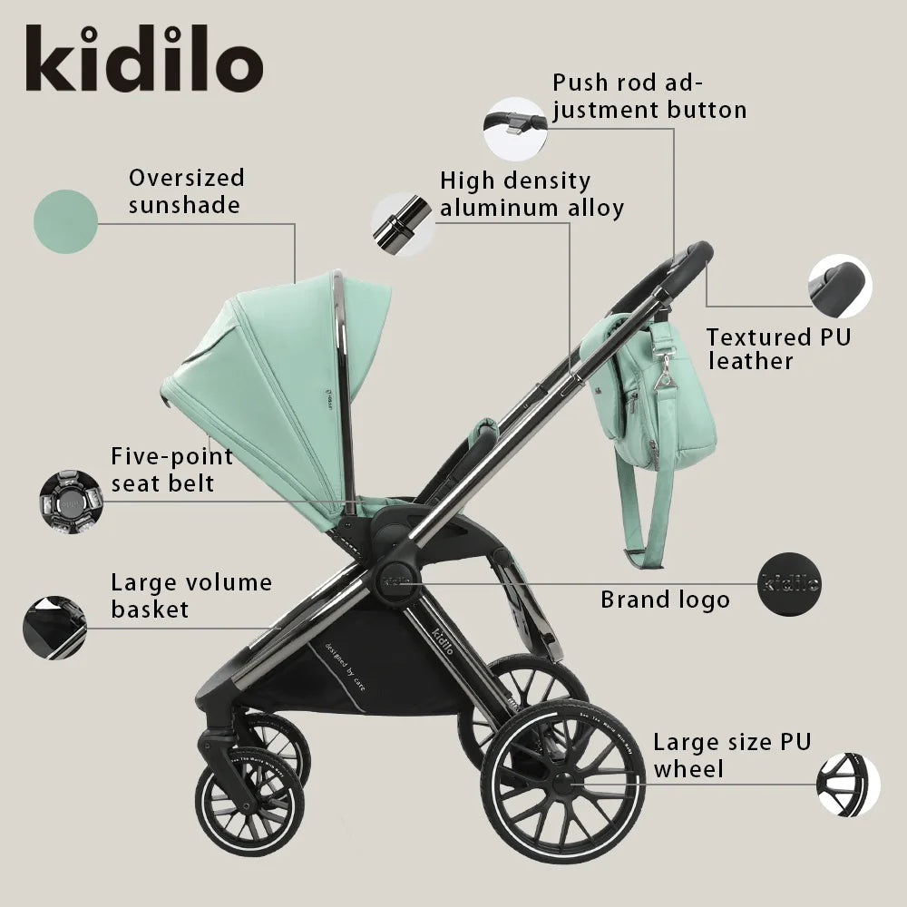 0-3 Years 3 in 1 Kidilo Baby Stroller with Car Seat, Non-Toxic Durable Foldable Travel Stroller for Toddlers Family Trips G100+C