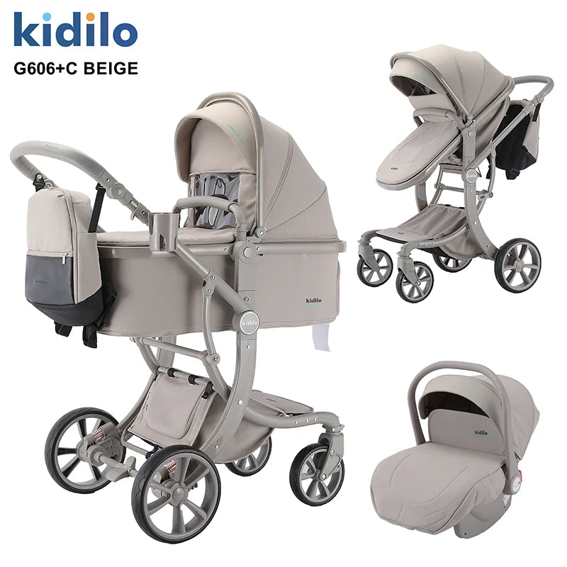 0-3 Years 3 in 1 Kidilo Baby Stroller with Car Seat, Non-Toxic Durable Foldable Travel Stroller for Toddlers Family Trips G606+C