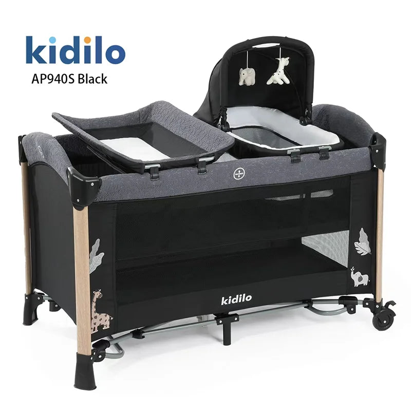 Kidilo Luxury 3-in-1 Convertible Bedside Crib Bed Newborn-Friendly Foldable Travel Play Baby Bed Mosquito Net for Bedroom AP940S