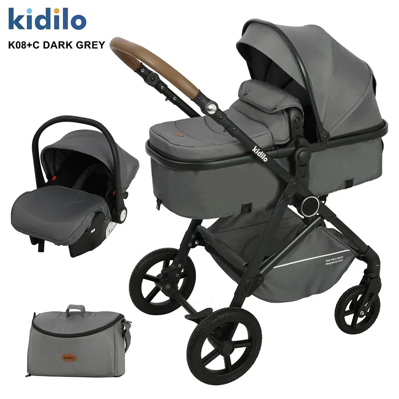0-3 Years 3 in 1 Kidilo Baby Stroller with Car Seat, Non-Toxic Durable Foldable Travel Stroller for Toddlers Family Trips K08+C