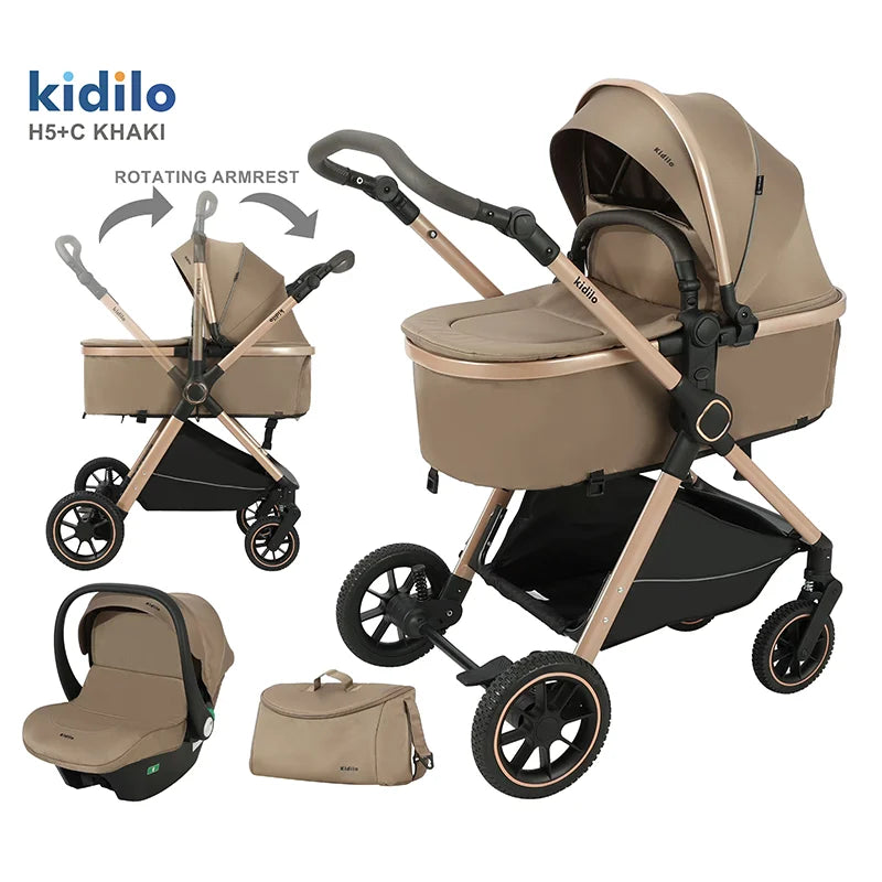 0-3 Years 3 in 1 Kidilo Baby Stroller with Car Seat, Non-Toxic Durable Foldable Travel Stroller for Toddlers Family Trips H5+C