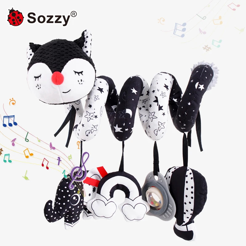 Custom Sozzy Soft Animal Fox Hanging Soft Animal Plush Baby Spiral Bed Toys Baby High Contrast Activity Stroller Toys