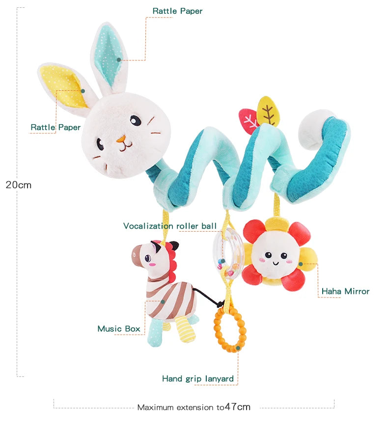 Jollybaby Soft Stuffed Animal Bed Toys Spiral Pram Toys with Musical Features Soothing Hanging Inside Baby Cribs and Car