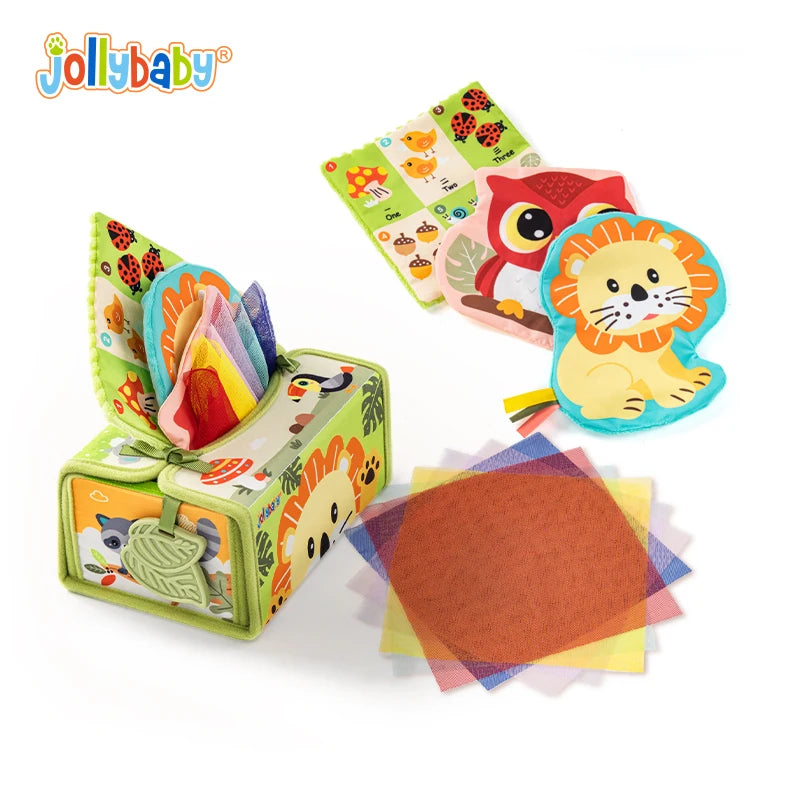 JOLLYBABY Baby Tissue Box Toys Montessori Toys for 6 Month Toys with Cloth Tissues Crinkle Mirror Baby Gifts Christmas Stuffers