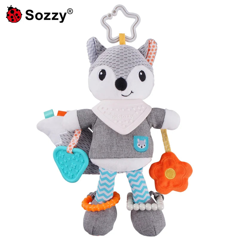 Jollybaby Wholesale Crochet Fox Animals Toy Car Seat Hanging Toys Baby Stroller Rattle with Teether PP Cotton Filling