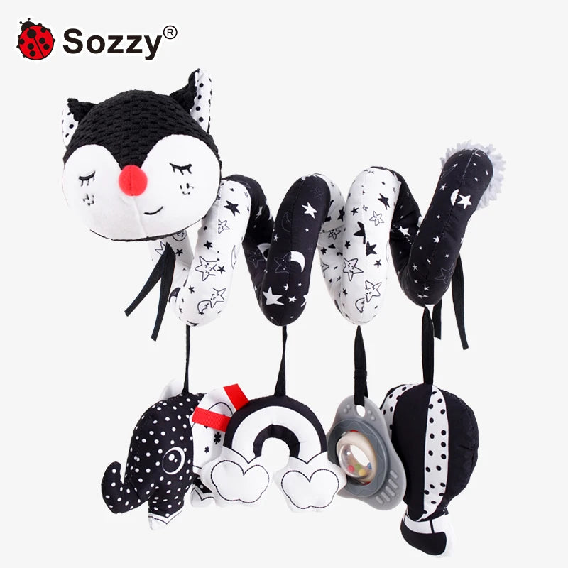 Custom Sozzy Soft Animal Fox Hanging Soft Animal Plush Baby Spiral Bed Toys Baby High Contrast Activity Stroller Toys