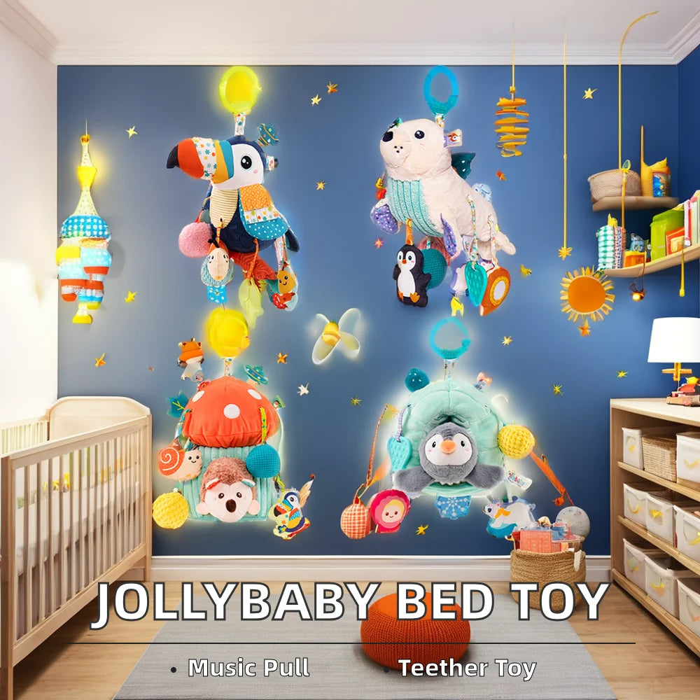 Jollybaby New Baby Bed Toy Cotton Stuffed Elephant Hanging Plush Activity Teether Rattle Bungee Cord Pull for Stroller Teething