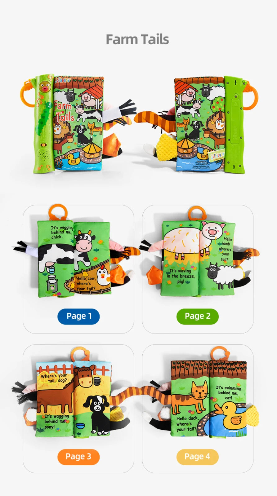 JOLLYBABY Tails English Learning Baby Educational Toys Baby Soft Cloth Book with Music Custom Logo Musical Book Farm Animal