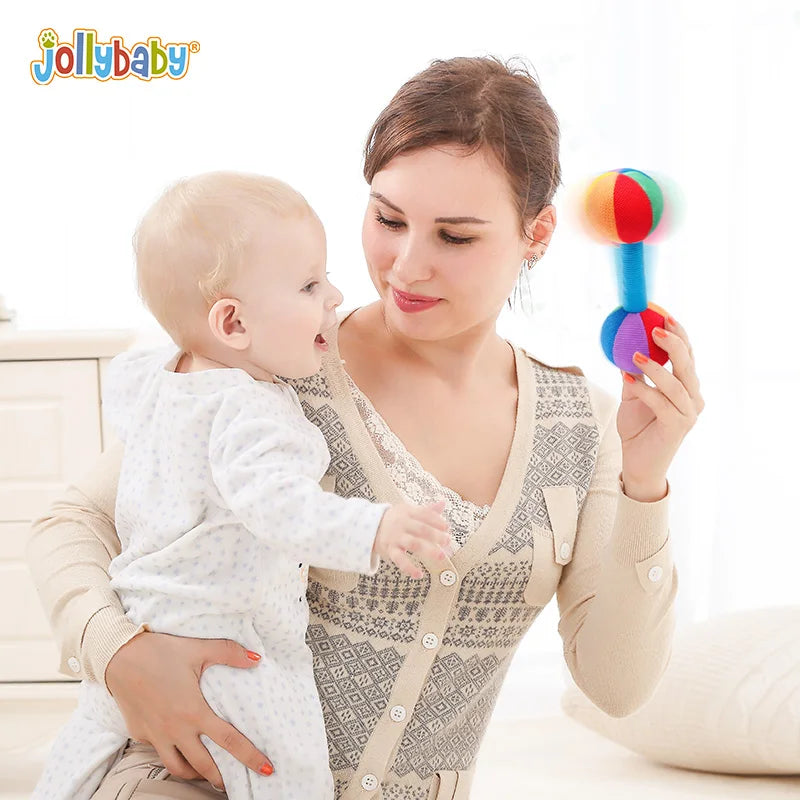 Jollybaby Custom Wholesale Soft Baby Hand Rattles Early Educational Dumbbell Hands Shake Ring Bell for 0-24 Months