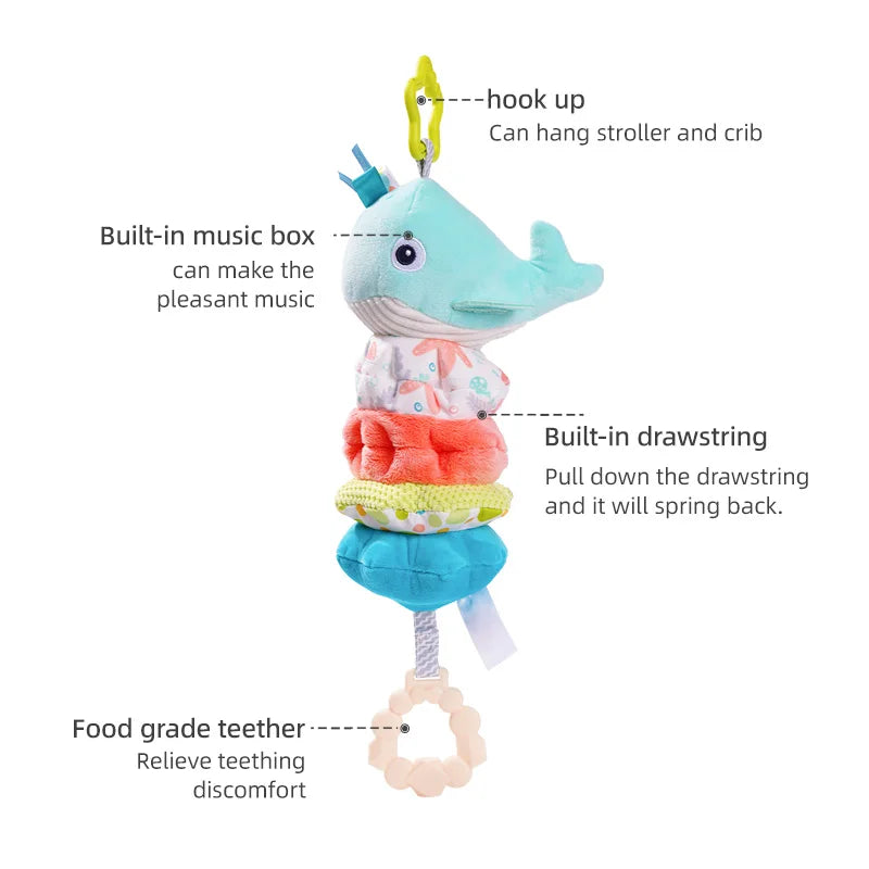 Custom Plush Animal Rattle Pull Musical Sensory Baby Hanging Musical Toy Play Jitter Toy with Music Box for Car Seat Stroller