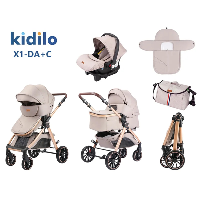 Kidilo 0-3 Years 3 in 1 Baby Stroller with Car Seat Non-Toxic Durable Foldable Travel Stroller for Toddlers Family Trips X1-DA+C