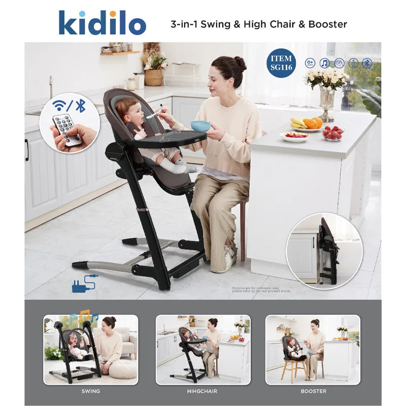 Kidilo 6-36 Months 3 in 1 Foldable Baby High Chair, Non-Toxic Feeding Chair for Home & Small-Space Toddler & Baby Dining SG116