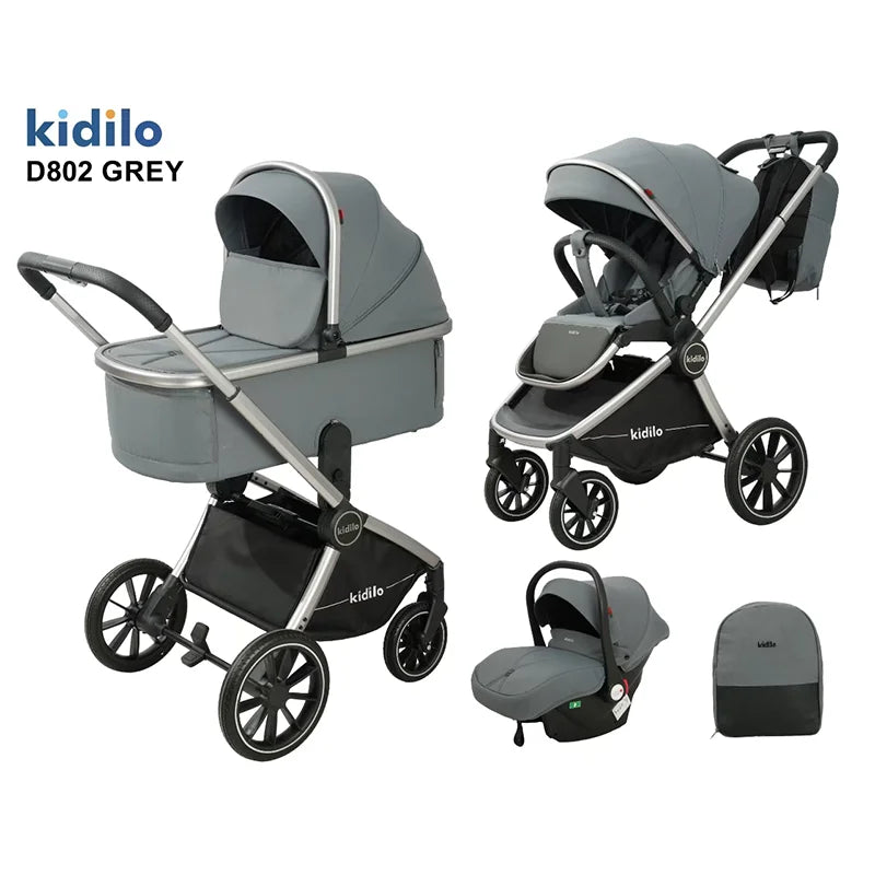 0-3 Years 3 in 1 Kidilo Baby Stroller with Car Seat, Non-Toxic Durable Foldable Travel Stroller for Toddlers Family Trips D802