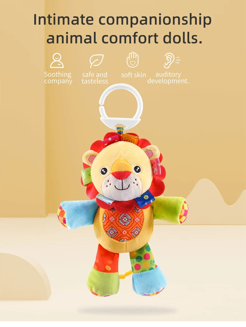 Sozzy Newborn Hanging Pulling Toy with Teether Soft Plush Baby Animal Musical Rattle for Car Seats and Strollers