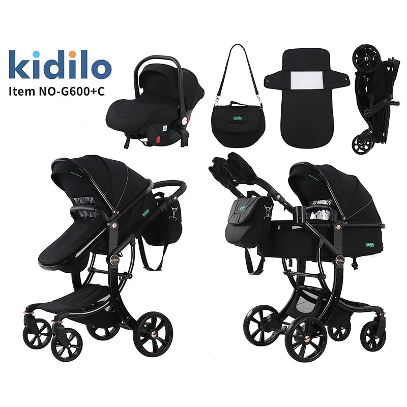 0-3 Years 3 in 1 Kidilo Baby Stroller with Car Seat, Non-Toxic Durable Foldable Travel Stroller for Toddlers Family Trips G600+C