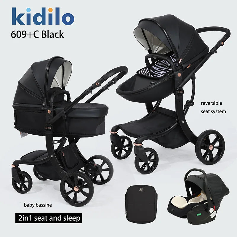 0-3 Years 3 in 1 Kidilo Baby Stroller with Car Seat, Non-Toxic Durable Foldable Travel Stroller for Toddlers Family Trips 609+C