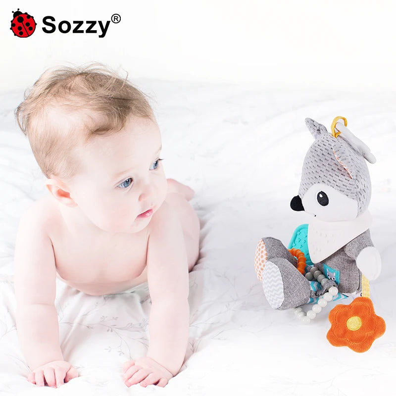 Jollybaby Wholesale Crochet Fox Animals Toy Car Seat Hanging Toys Baby Stroller Rattle with Teether PP Cotton Filling