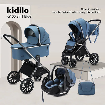 0-3 Years 3 in 1 Kidilo Baby Stroller with Car Seat, Non-Toxic Durable Foldable Travel Stroller for Toddlers Family Trips G100+C