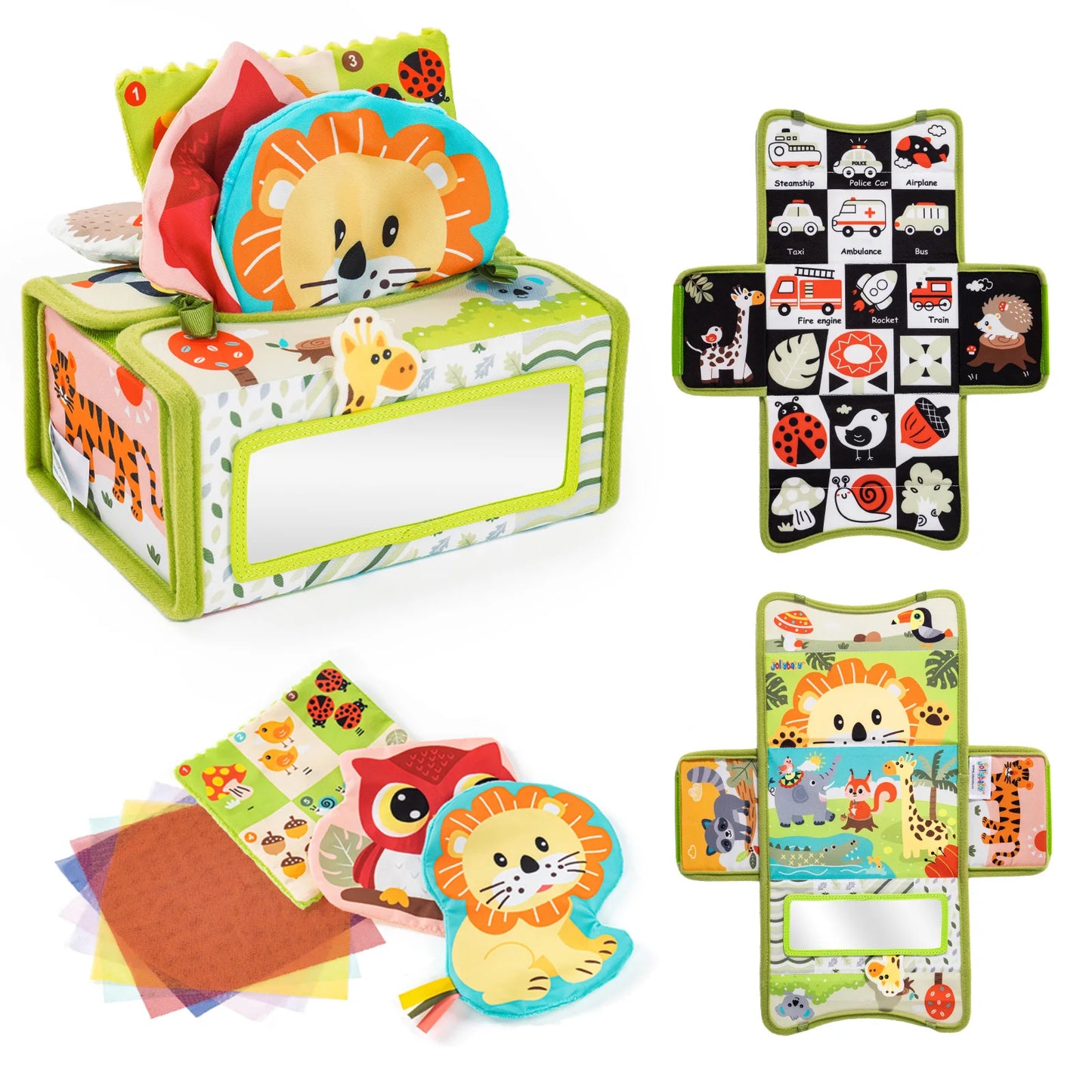 JOLLYBABY Baby Tissue Box Toys Montessori Toys for 6 Month Toys with Cloth Tissues Crinkle  Mirror Baby Gifts Christmas Stuffers