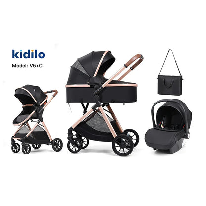 0-3 Years 3 in 1 Kidilo Baby Stroller with Car Seat, Non-Toxic Durable Foldable Travel Stroller for Toddlers Family Trips V5+C